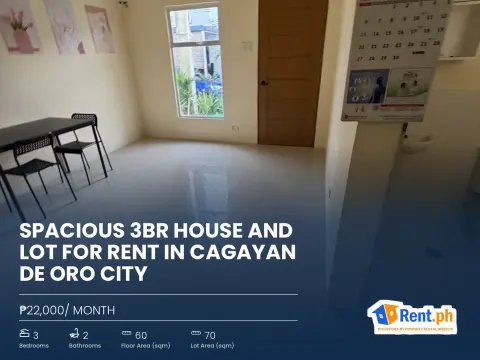 Spacious 3BR House and Lot For Rent in Cagayan De Oro City