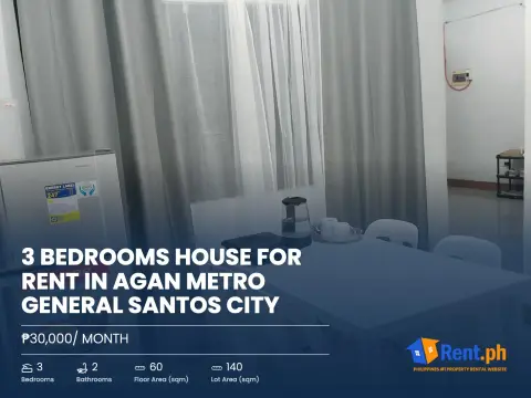3 Bedrooms House for Rent in Agan Metro General Santos City