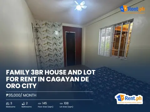 Family 3BR House and Lot For Rent in Cagayan De Oro City